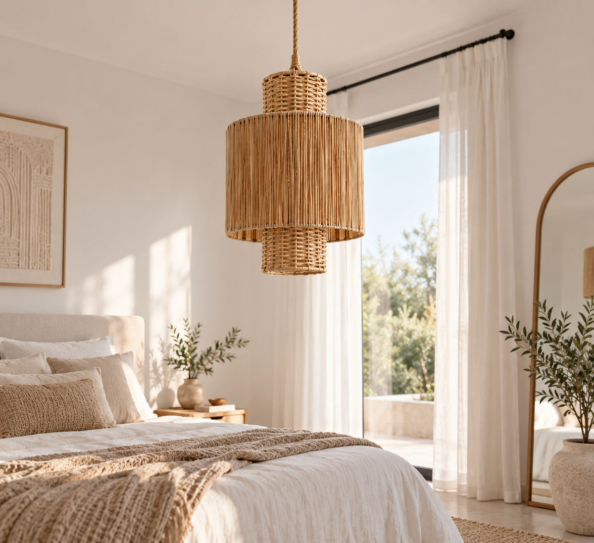 Suspension cylindre double étage dans une chambre minimaliste