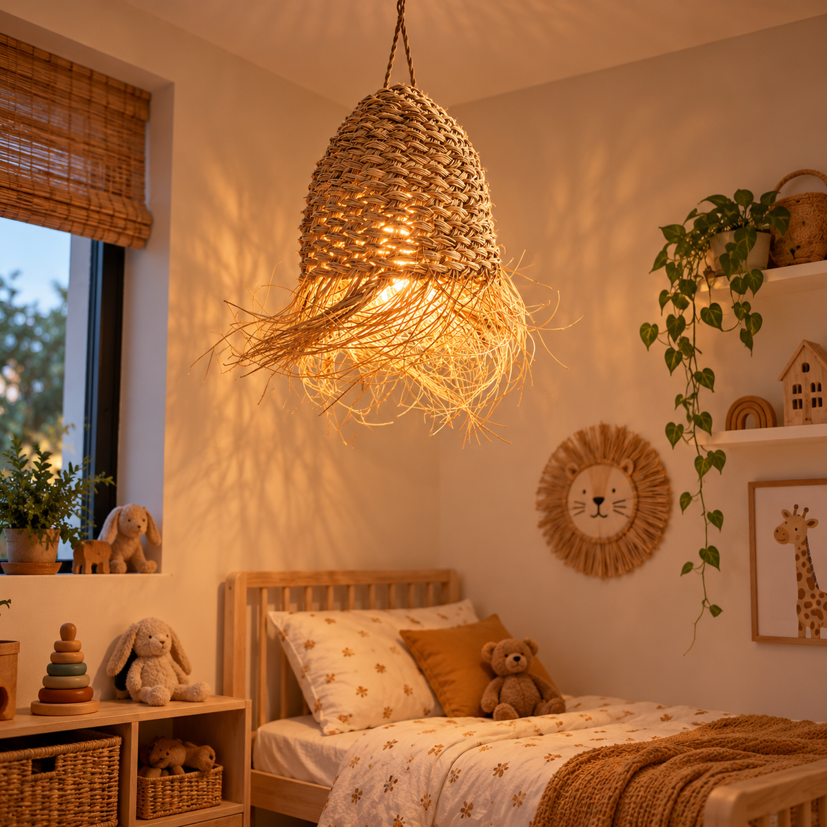 Suspension nid en rotin et raphia dans une chambre d’enfant chaleureuse