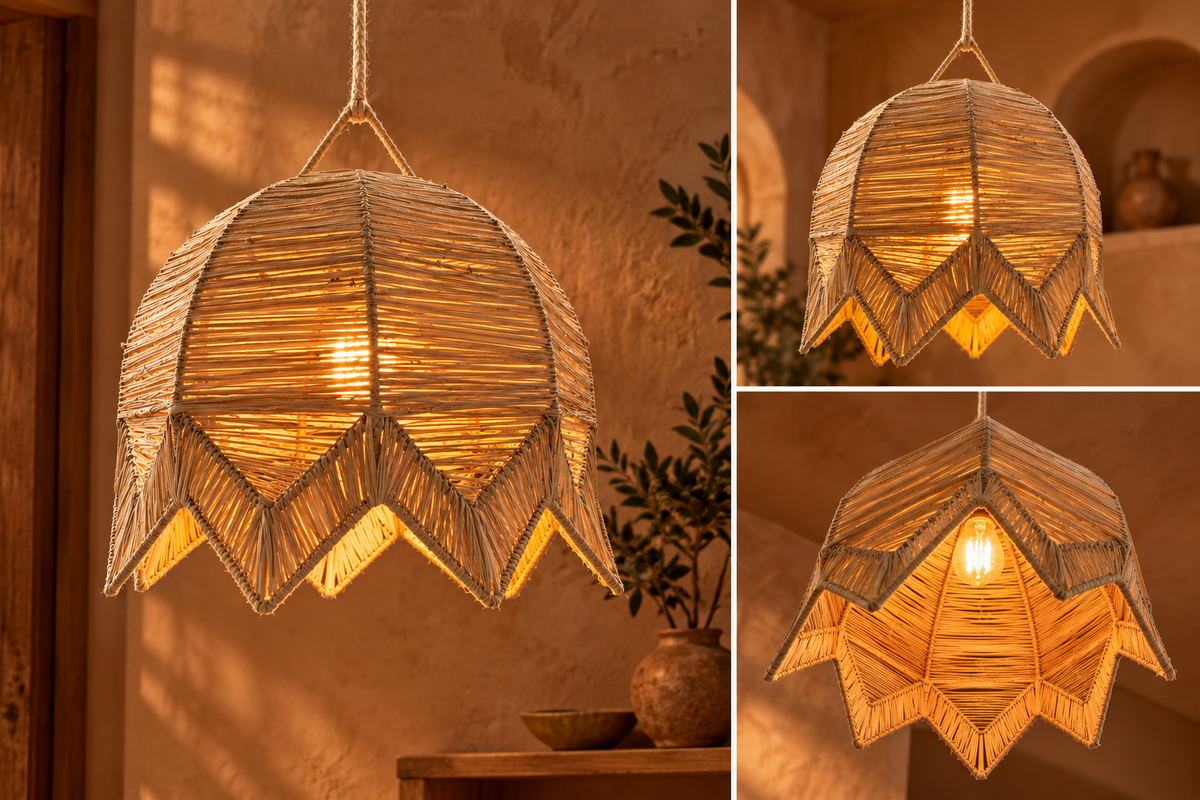 Suspension fleur en raphia tressé, triptyque vues multiples