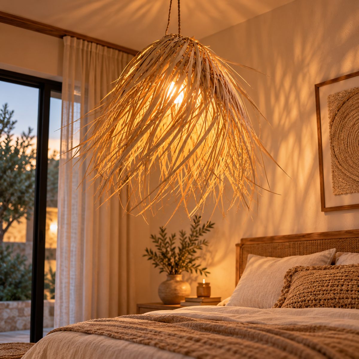 Suspension en feuilles de palmier dans une chambre bohème au coucher du soleil