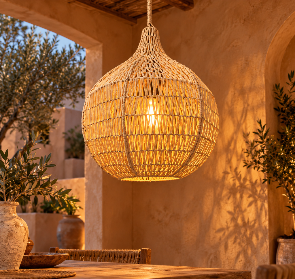 Suspension globe en raphia dans un patio méditerranéen