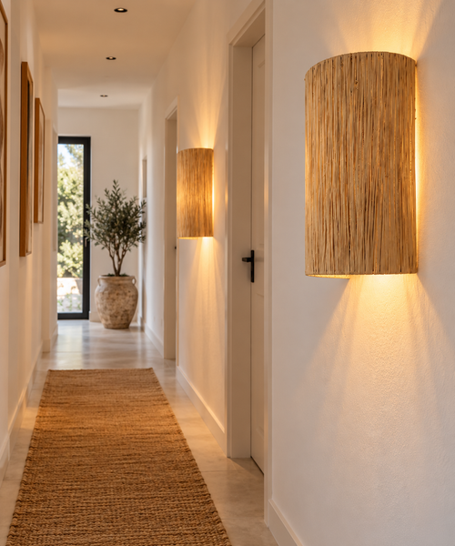 Deux appliques murales raphia naturel dans un couloir scandinave