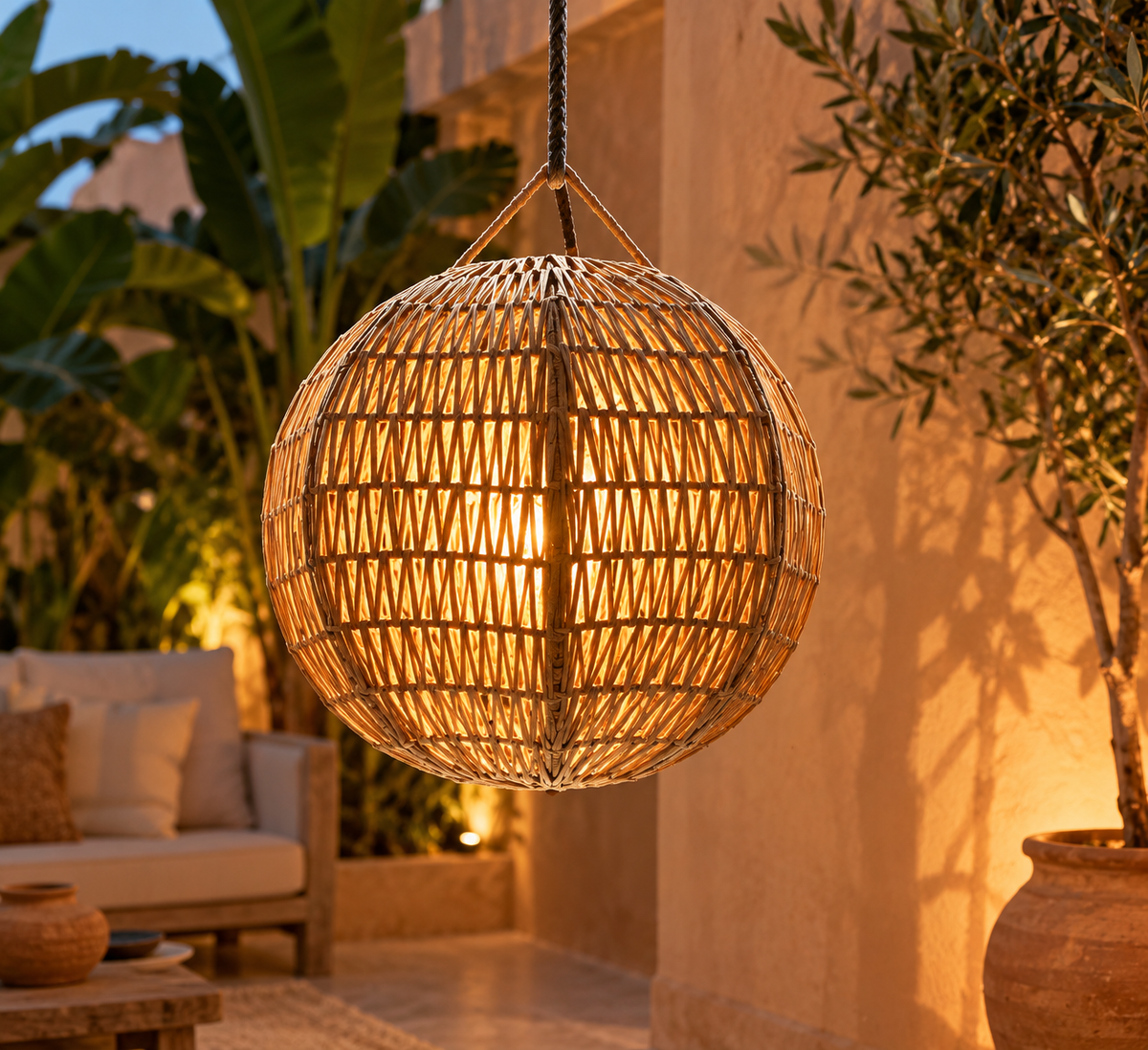 Suspension boule en rotin tressé dans un patio marocain au coucher du soleil