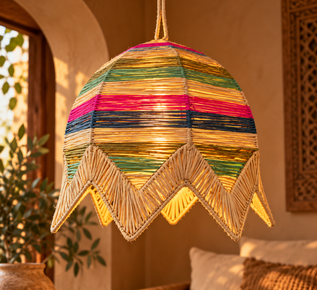 Suspension cloche multicolore en raphia dans un intérieur marocain