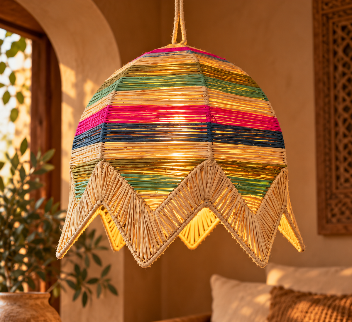 Suspension cloche multicolore en raphia dans un intérieur marocain