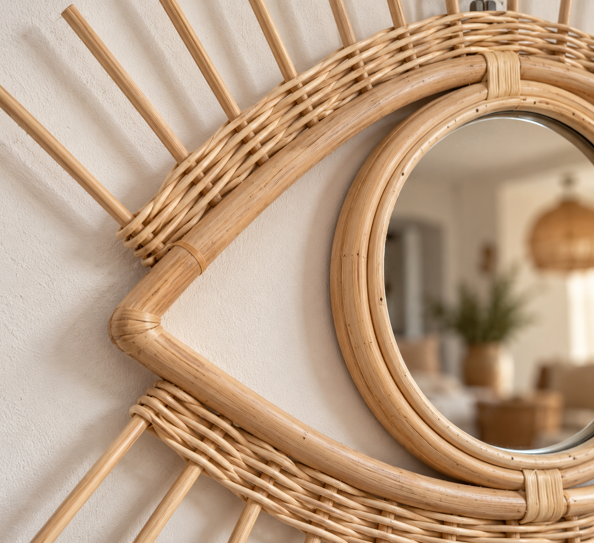 Détail du tressage et des tiges du miroir œil en rotin