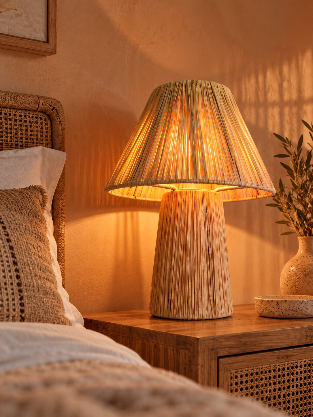 Lampe de table en raphia naturel – mise en scène chambre