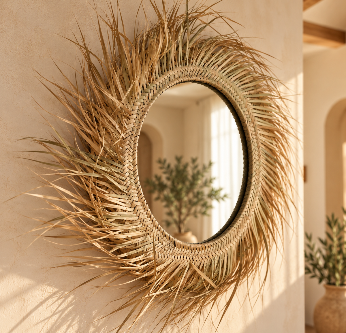 Miroir soleil en raphia – mise en scène couloir