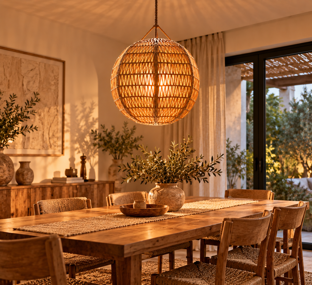 Suspension boule en rotin au-dessus d’une table à manger en bois