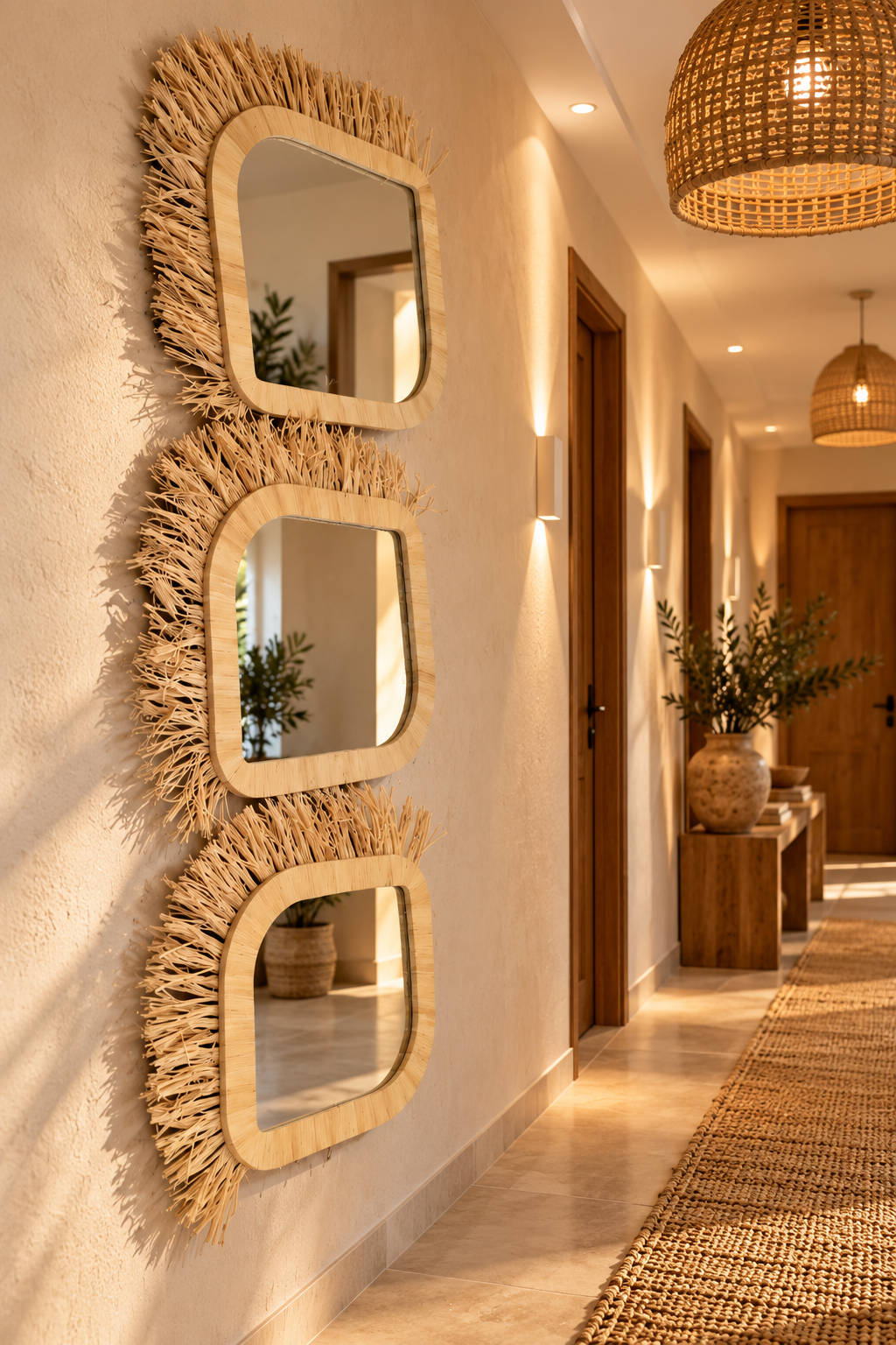 Triptyque de miroirs carrés en raphia dans un couloir doré