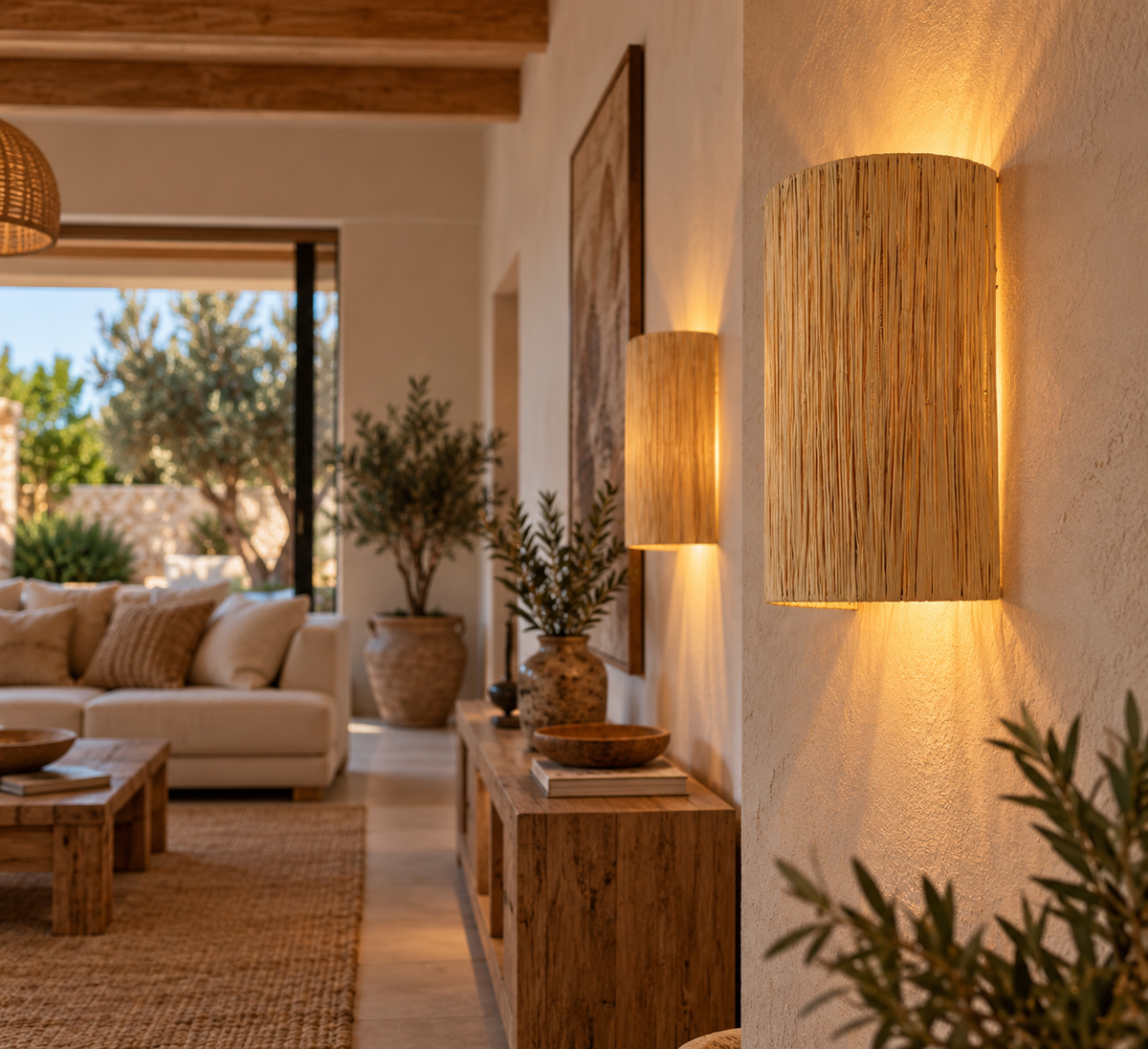 Applique murale raphia naturel dans un salon méditerranéen