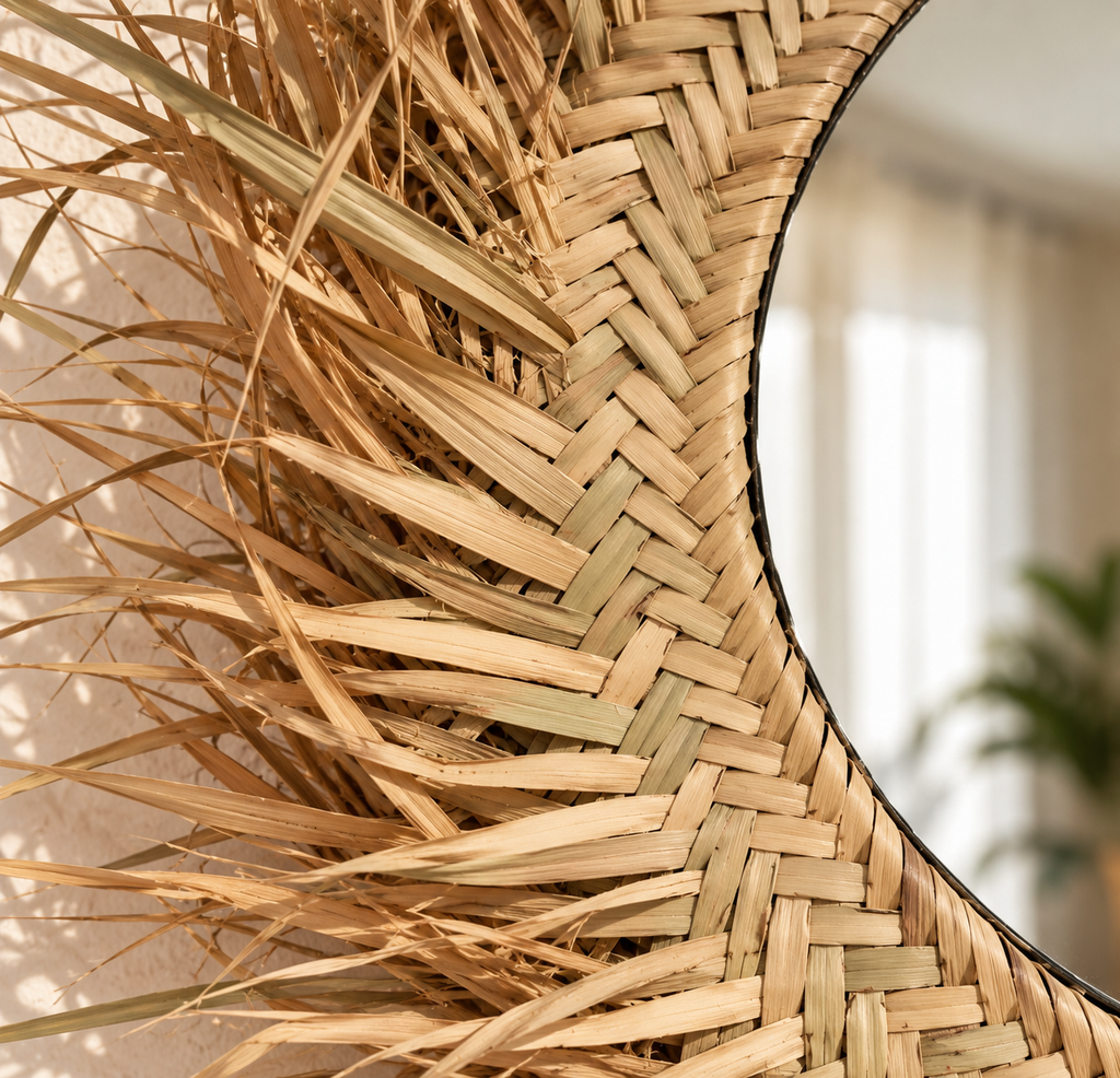 Miroir soleil en raphia – gros plan tressage