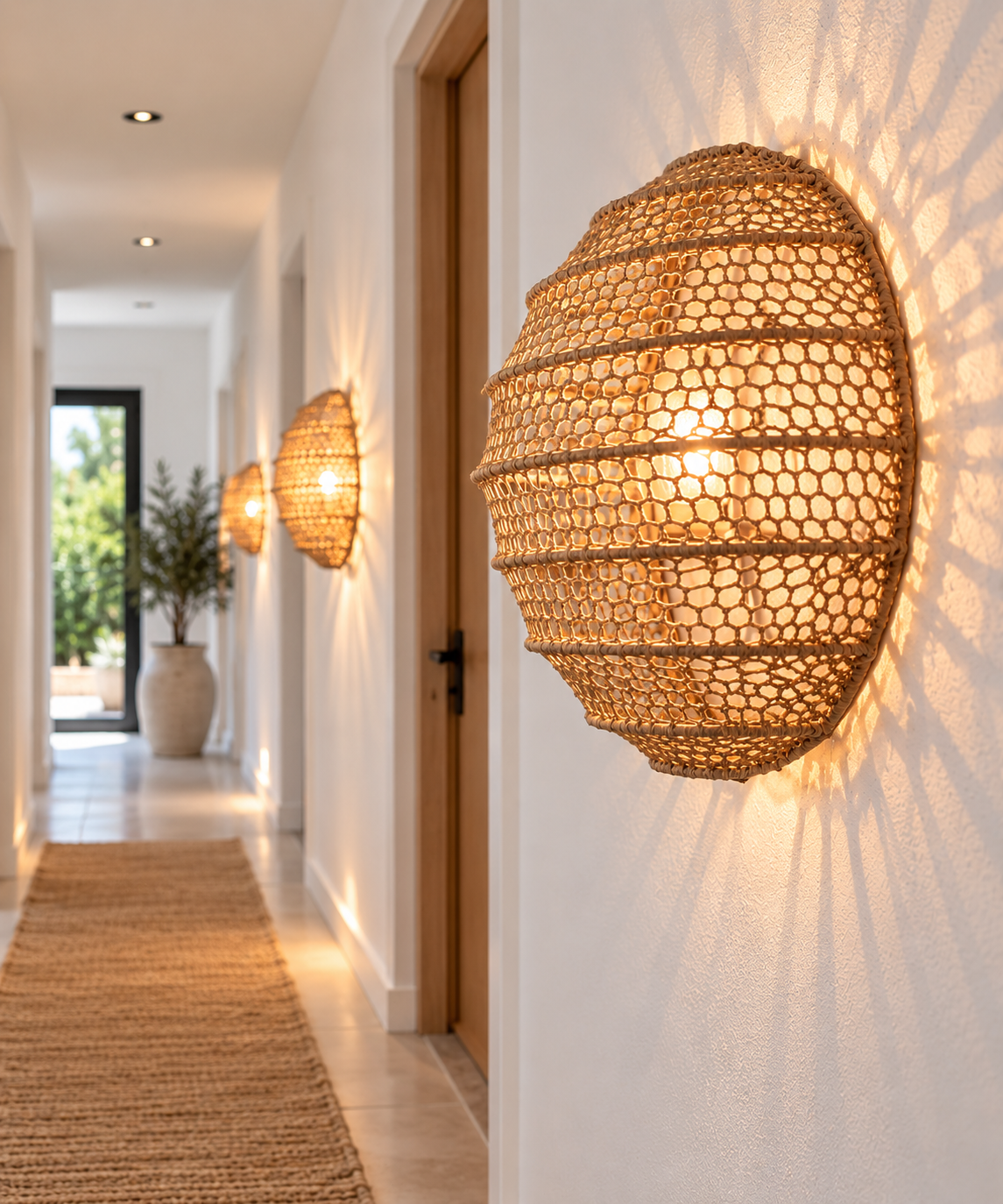 Appliques murales boule en rotin dans un couloir lumineux