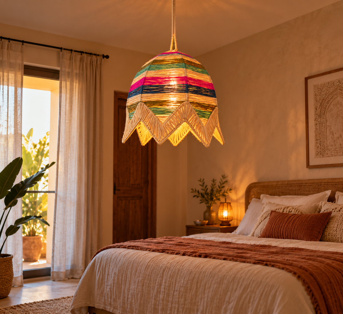 Suspension cloche multicolore dans une chambre bohème