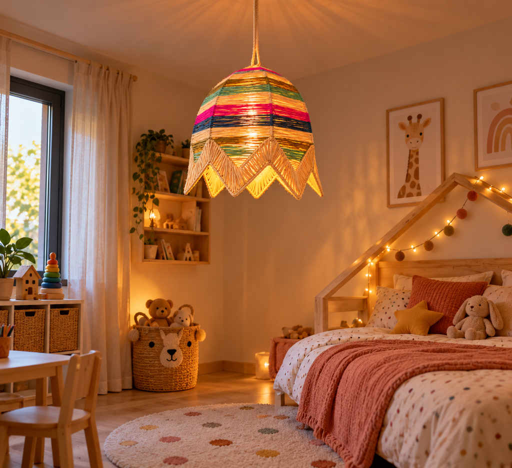 Suspension cloche multicolore dans une chambre d’enfant colorée