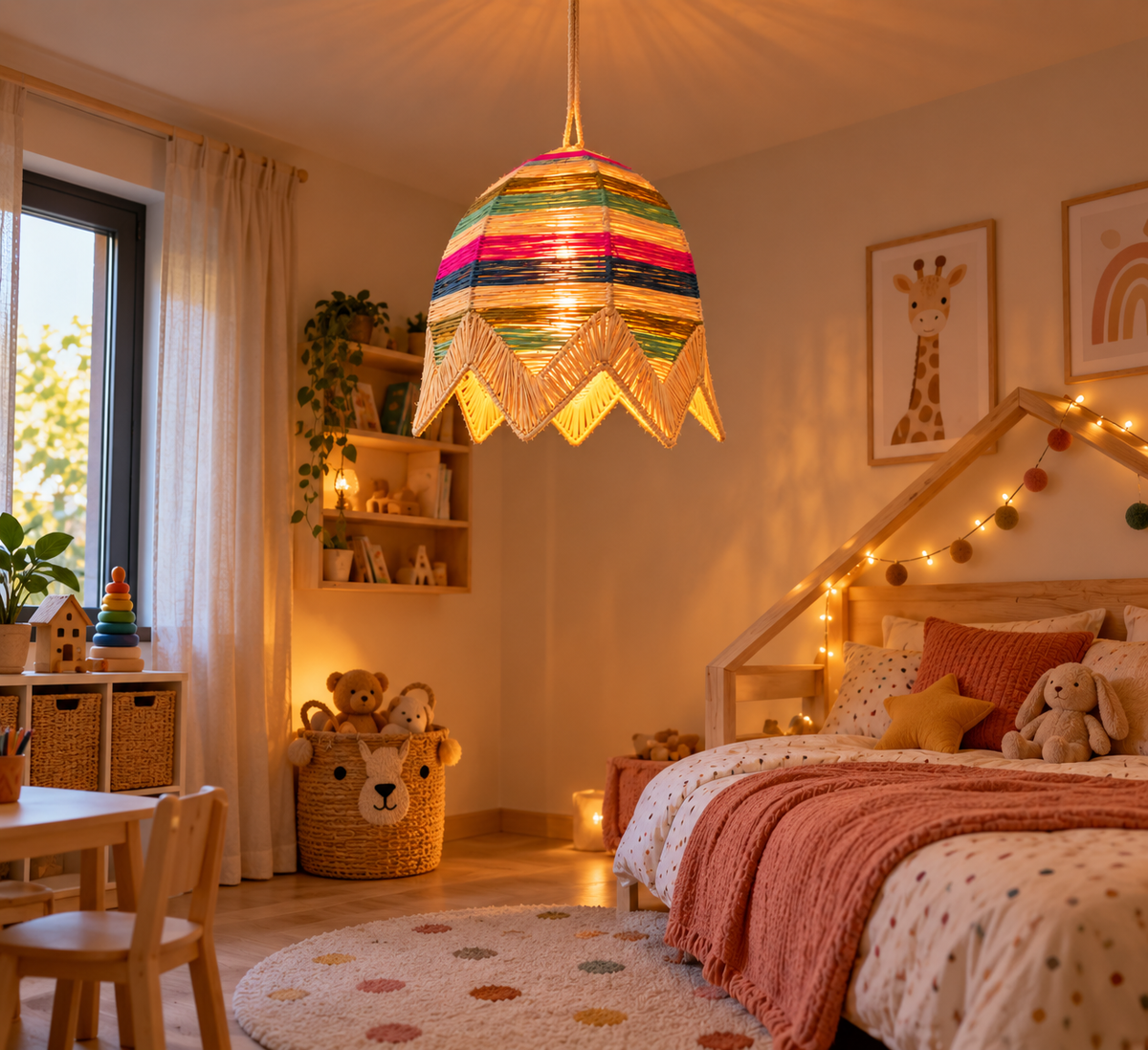 Suspension cloche multicolore dans une chambre d’enfant colorée