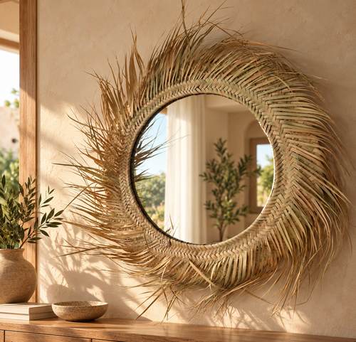 Miroir soleil en raphia – mise en scène salon