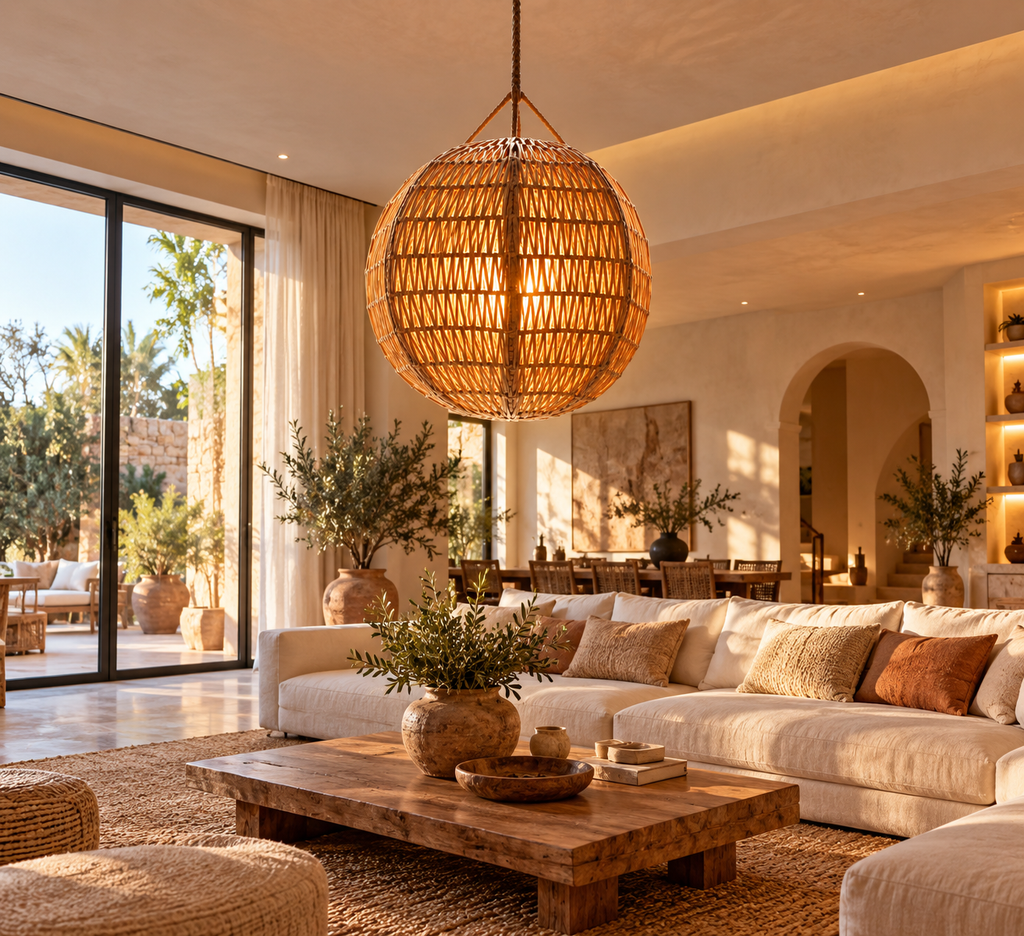 Suspension boule en rotin dans un grand salon contemporain
