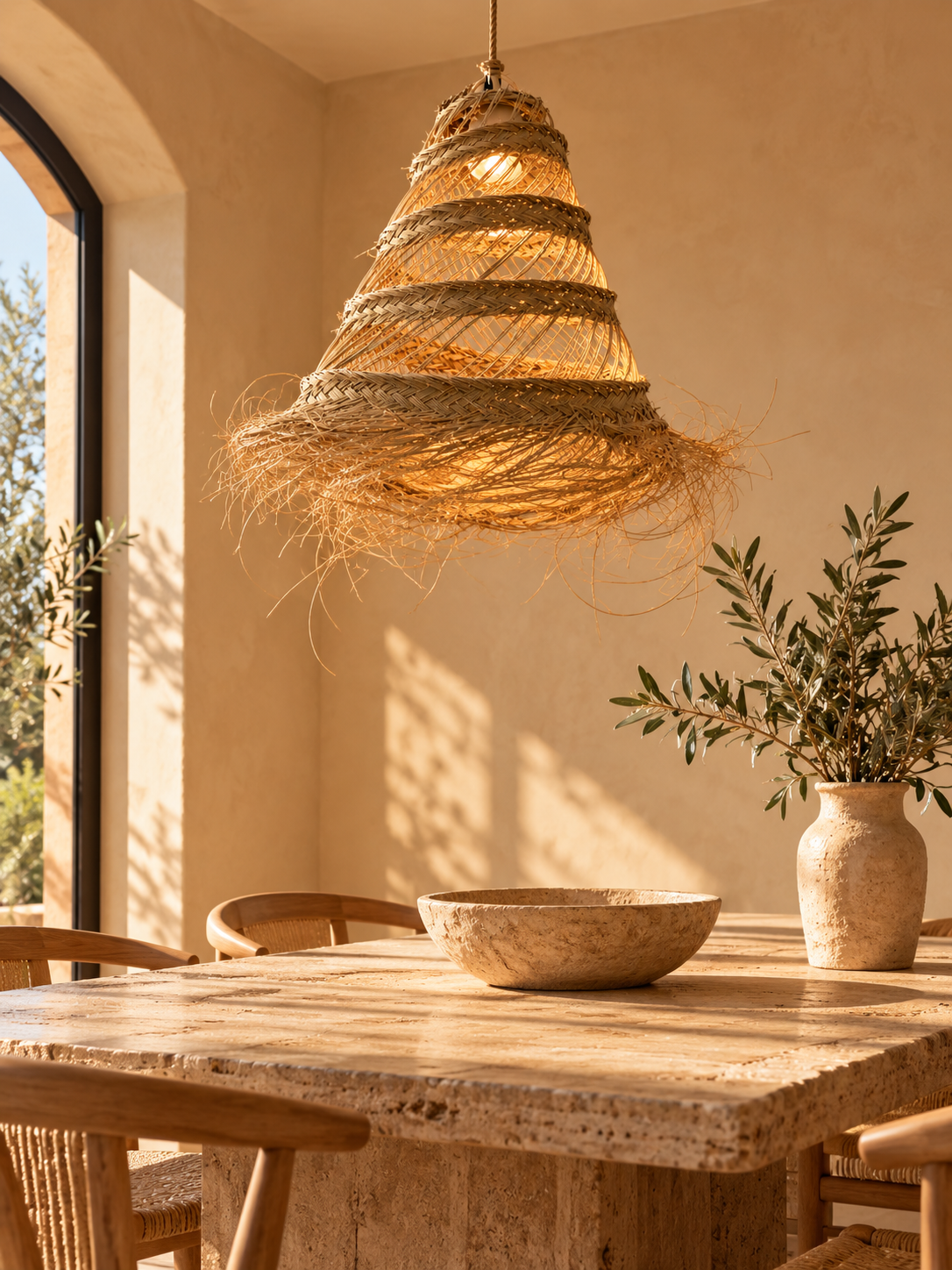Suspension artisanale en doum dans une salle à manger