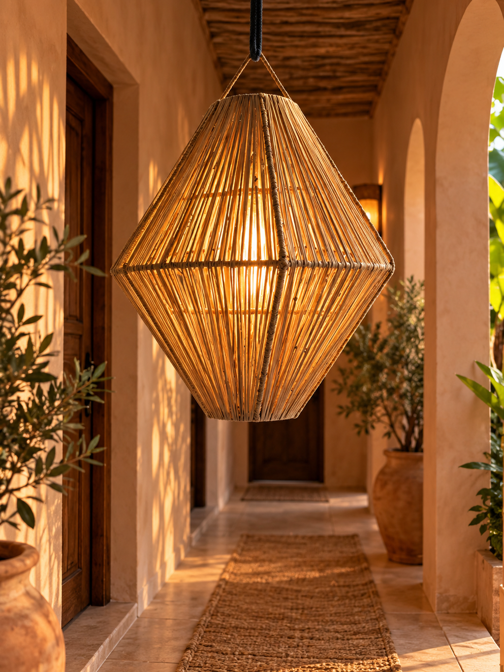 Suspension losange en fibres naturelles dans un couloir marocain