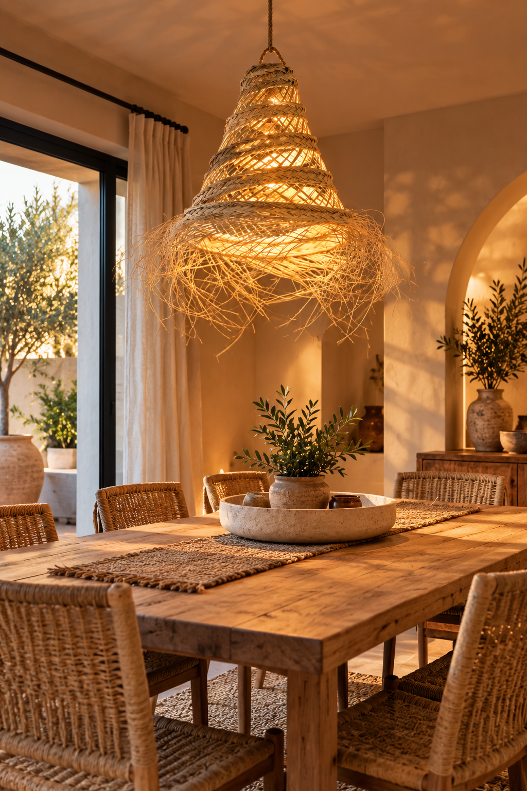 Suspension cône spirale alfa au-dessus d’une table à manger méditerranéenne