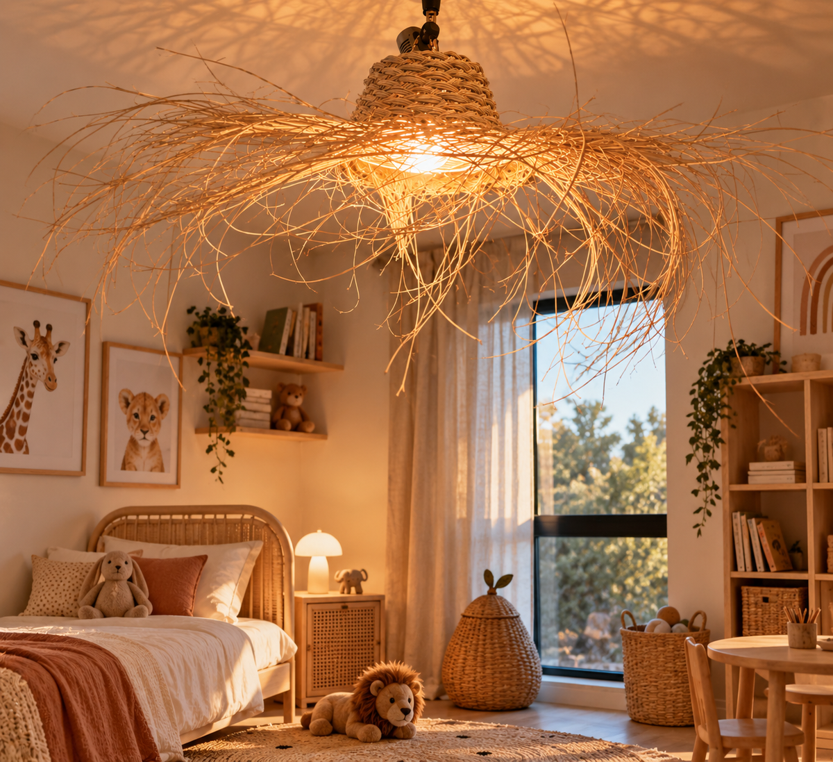 Suspension cloche alfa fibres sauvages dans une chambre d’enfant chaleureuse