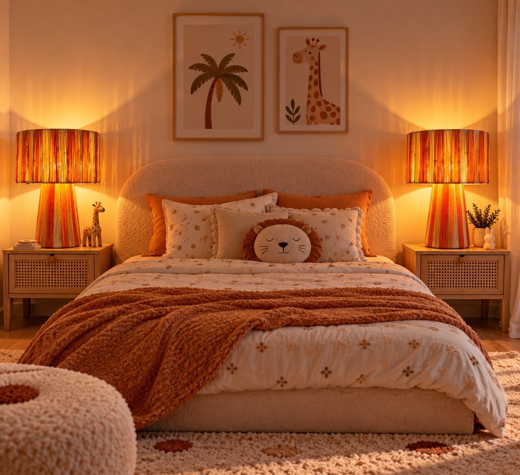 Paire de lampes de chevet raphia orange brulé dans une chambre safari enfant