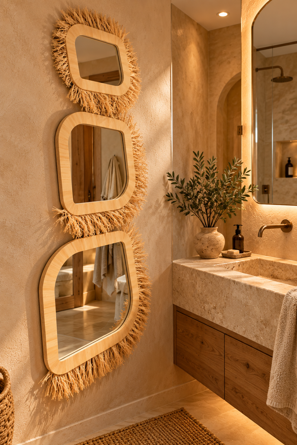 Triptyque de miroirs organiques en raphia dans une salle de bain dorée