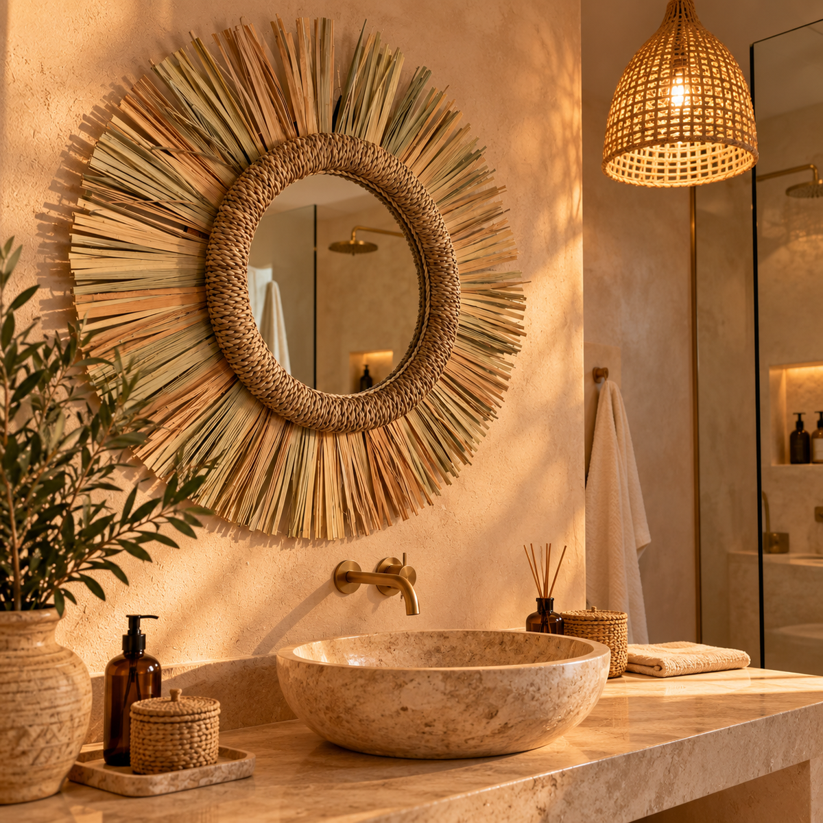Miroir soleil palmier et rotin dans une salle de bain chaleureuse