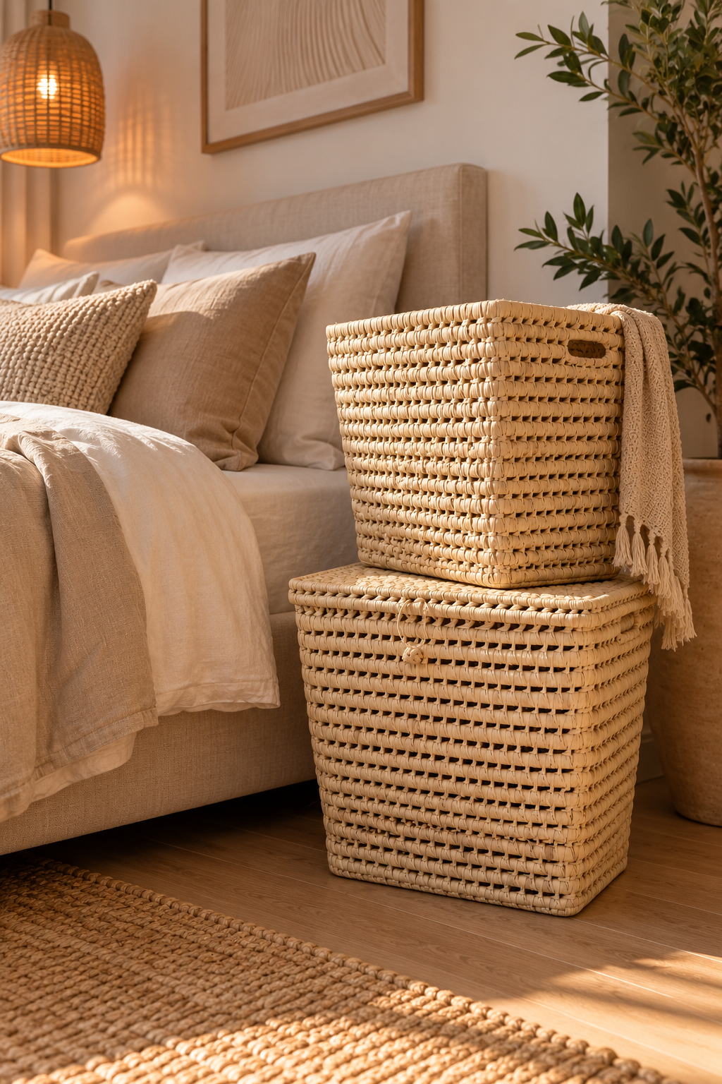 Set de 2 paniers carrés en alfa tressé dans une chambre chaleureuse