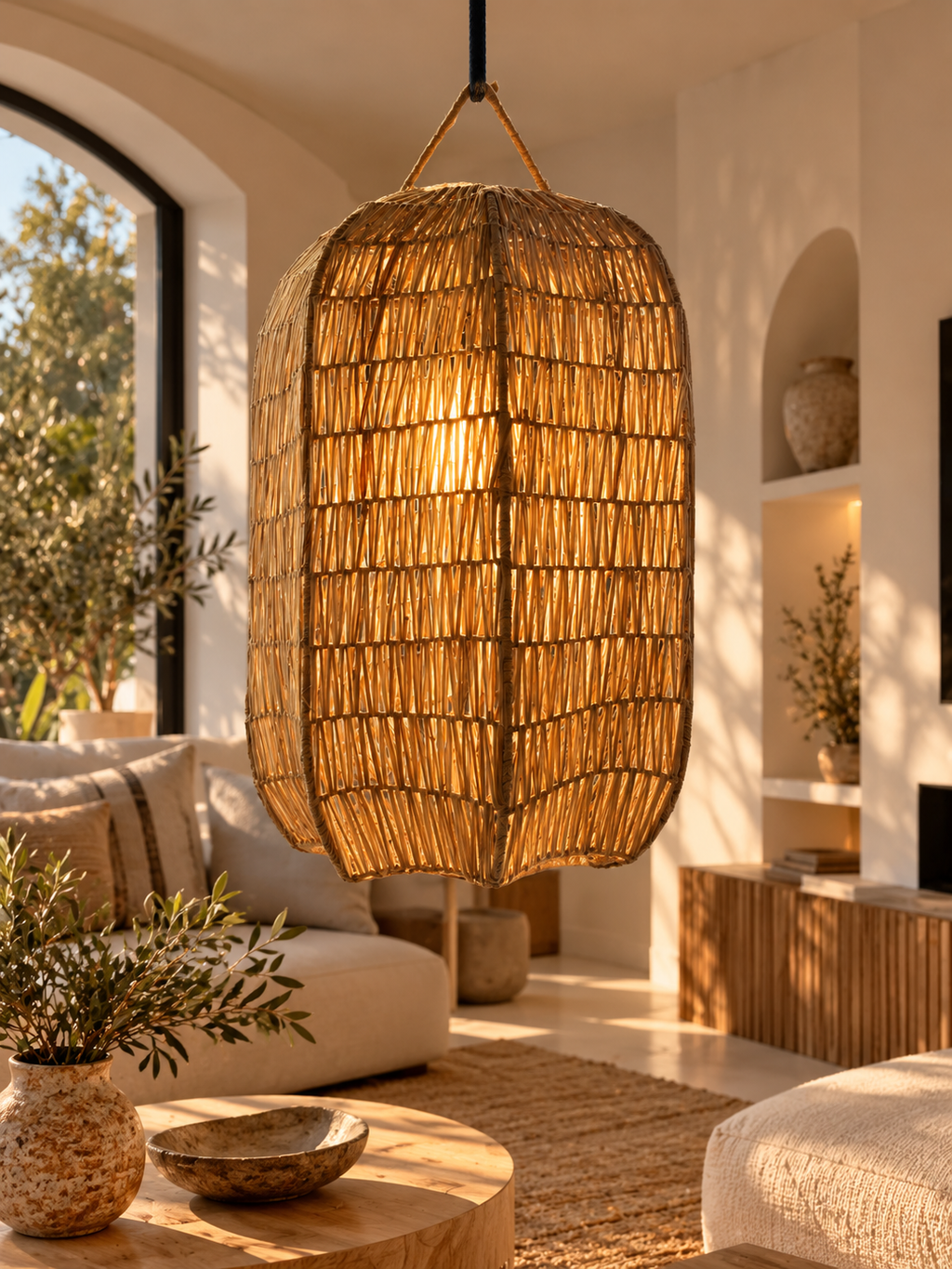 Suspension ovale en raphia dans un salon lumineux