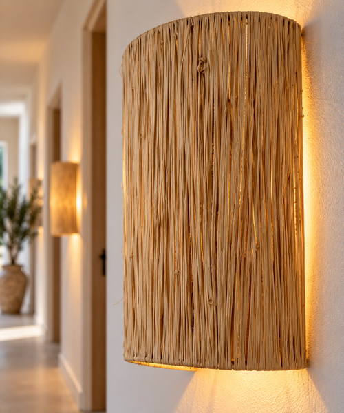 Applique murale demi-cylindre en raphia naturel dans un couloir
