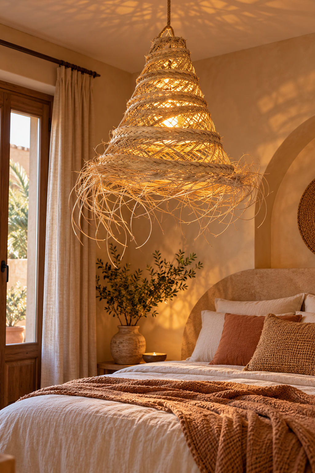 Suspension cône spirale alfa dans une chambre bohème chaleureuse