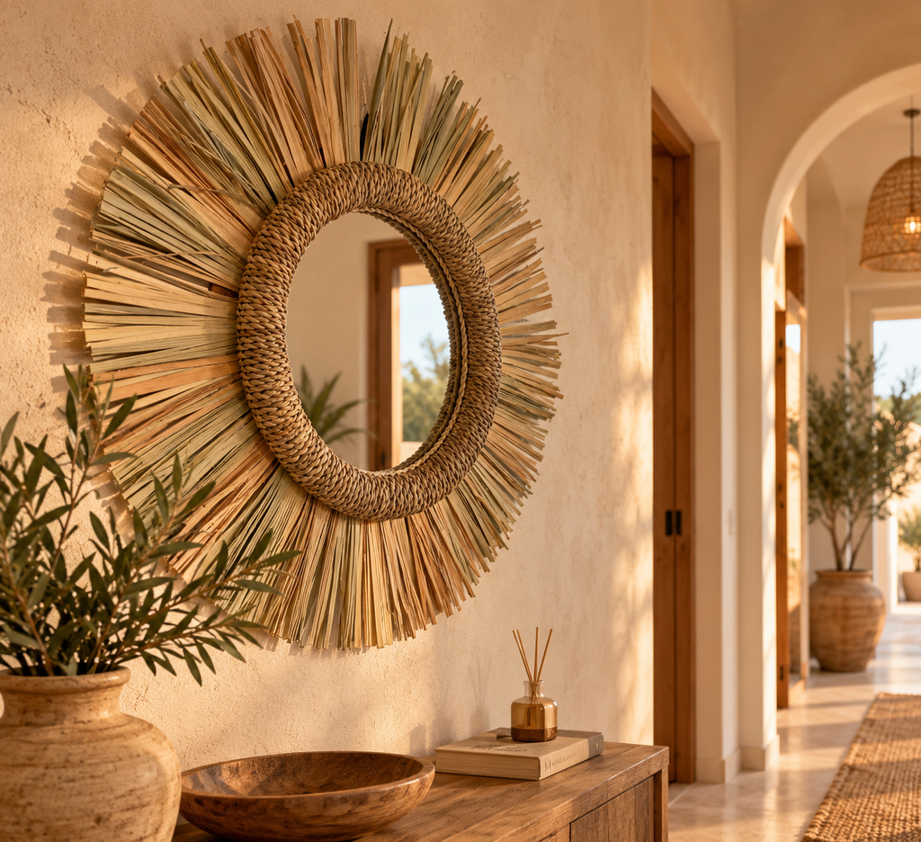 Miroir soleil palmier et rotin dans une entrée méditerranéenne