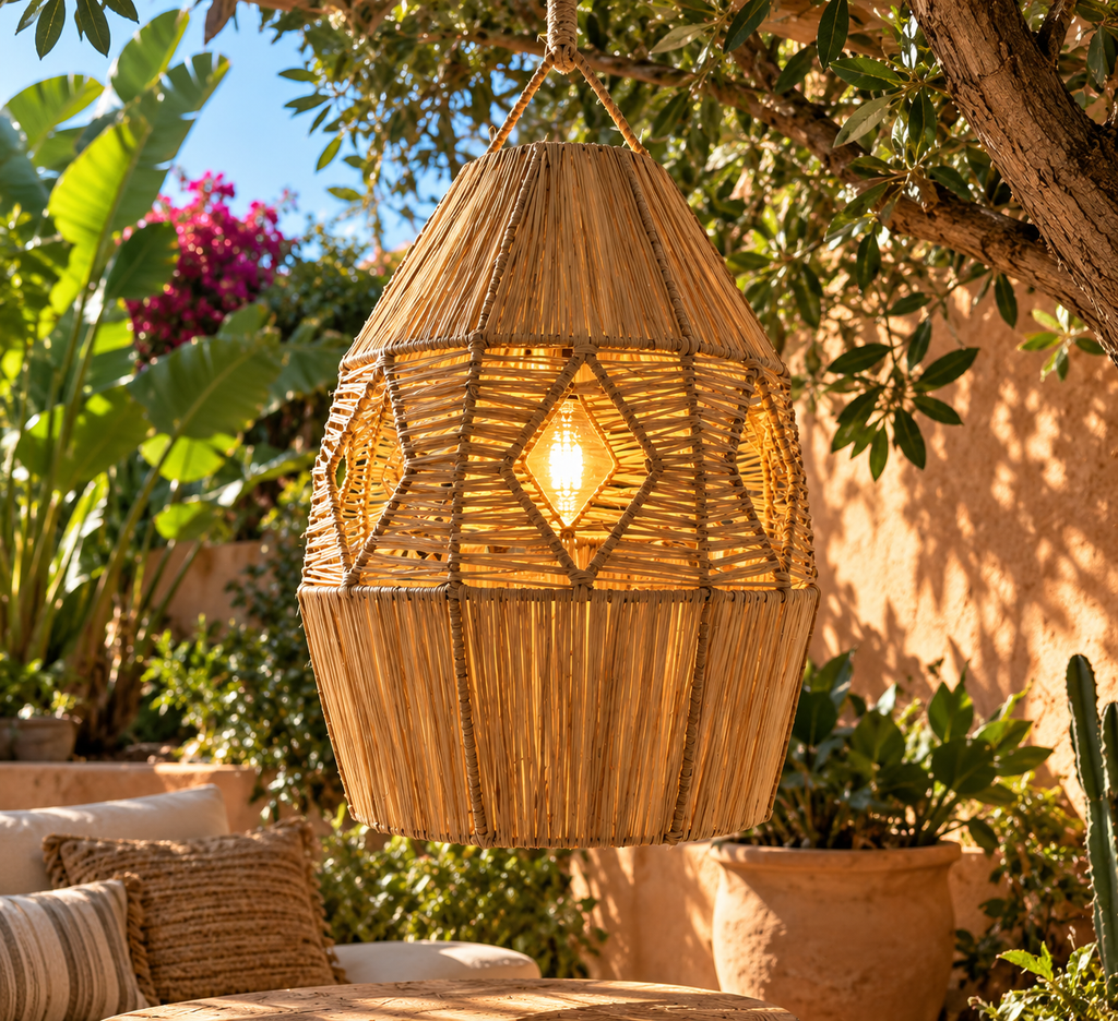 Suspension étoile en raphia suspendue dans un jardin marocain