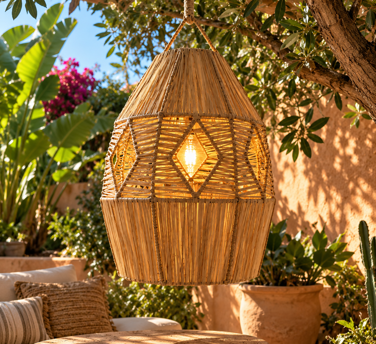 Suspension étoile en raphia suspendue dans un jardin marocain