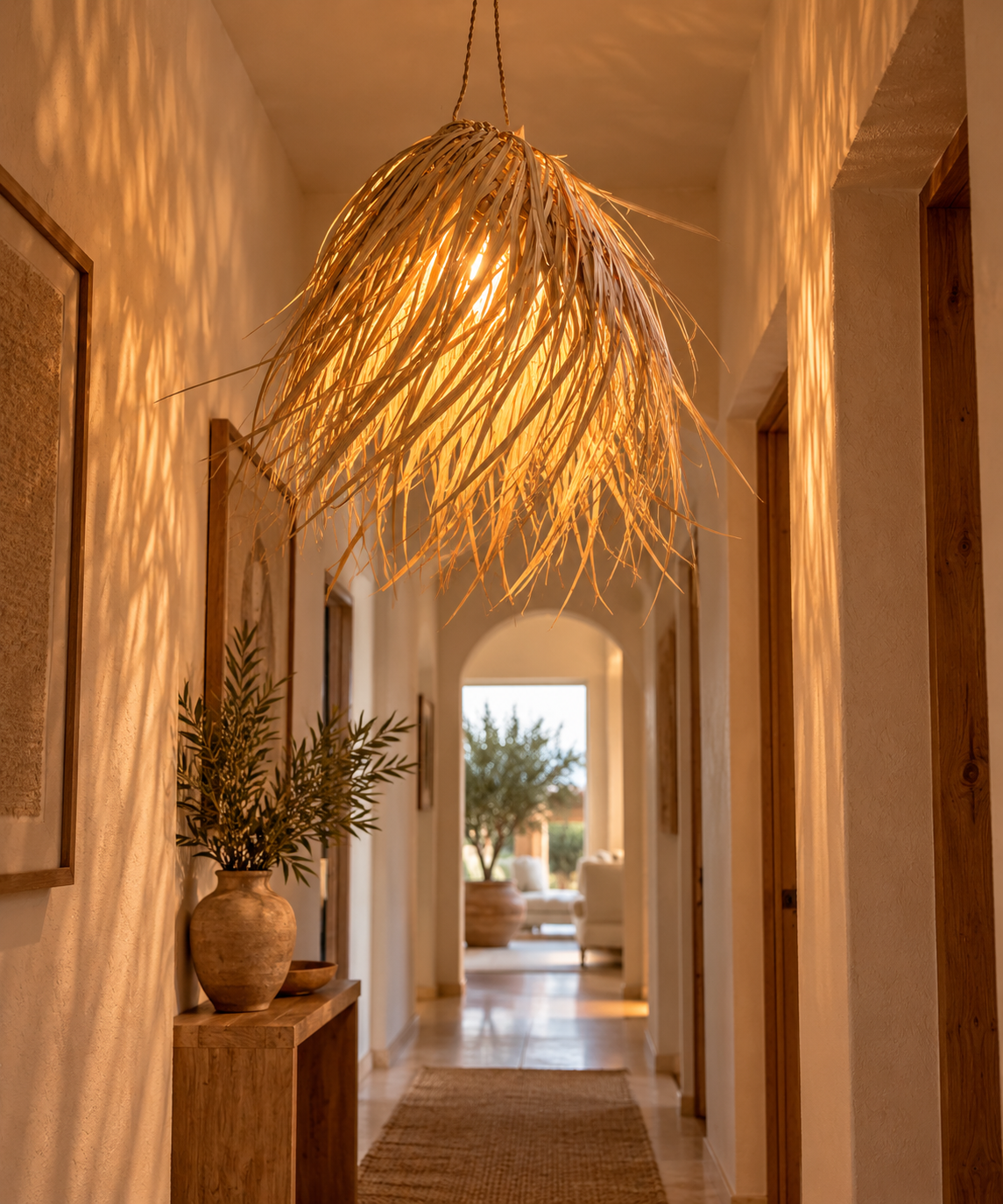 Suspension en feuilles de palmier dans un couloir méditerranéen doré
