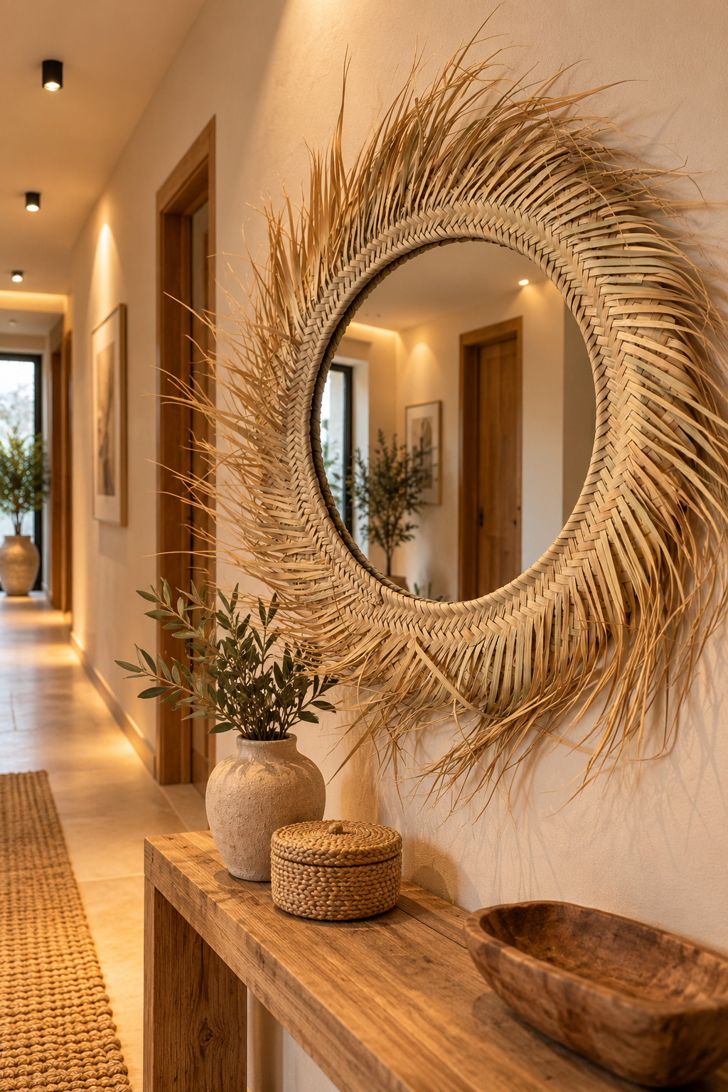 Miroir soleil alfa herringbone dans un couloir méditerranéen doré