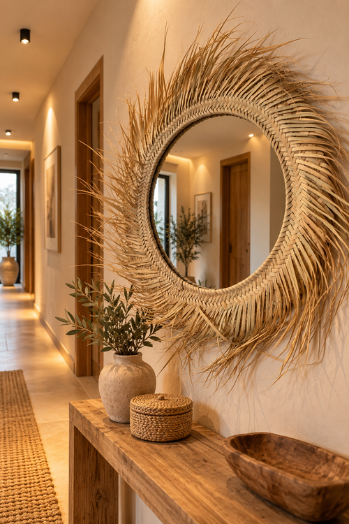 Miroir soleil alfa herringbone dans un couloir méditerranéen doré