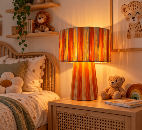 Lampe de chevet raphia orange brulé sur table de nuit dans chambre enfant naturelle