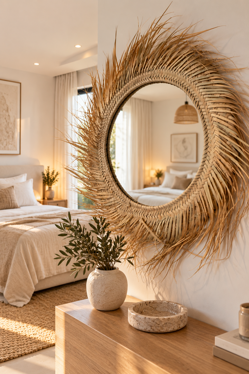 Miroir soleil alfa herringbone dans une chambre lumineuse et naturelle